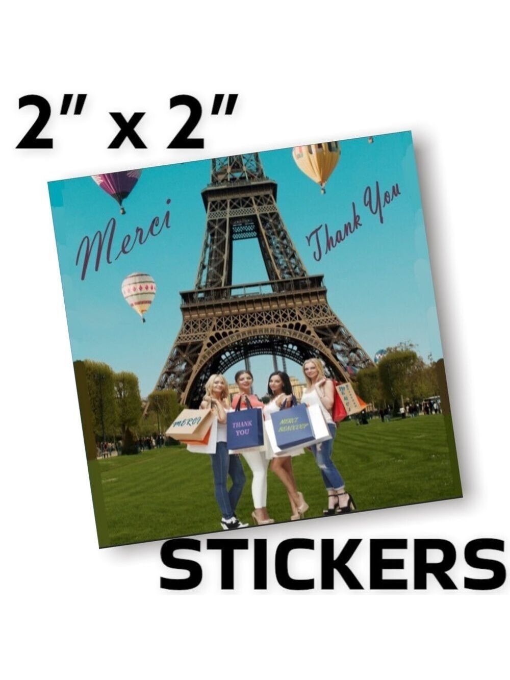100 (2x2 Inch) Square Stickers, Eiffel Tower, Full Color, High Gloss, Thank You